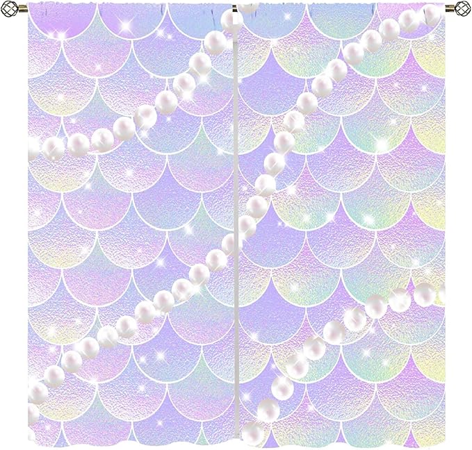 Mermaid Curtains, Gradient Color Pink Purple Pearl Ocean Theme Mermaid Fish Scale Print Decoration Suitable for Children Girls Bedroom Nursery Curtains 42x54 Inch