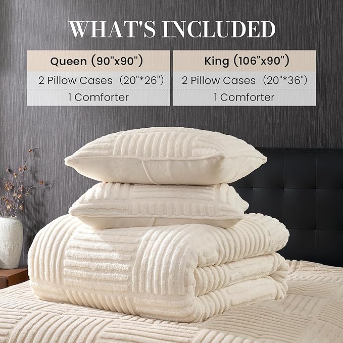 Amélie Home King Size Comforter Set with Stripe Jacquard Design, Beige Fluffy Fleece Bedding Set, Super Warm Fuzzy Plush Bedding Set for Winter, 3 Pieces, 1 Soft Comforter and 2 Pillowcases