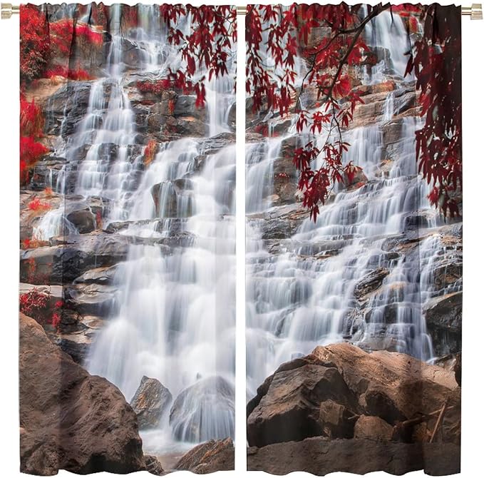 Waterfall Blackout Windows Curtains, Waterfall Red Forest Pattern Nature View Curtains, for Living Room Bedroom 42x45in 2 Panels