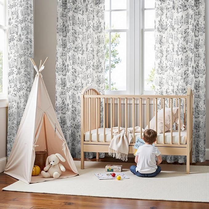 jinchan Linen Nursery Curtains 84 inch Long Woodland Wildlife Black Print Drapes for Kid's Room Light Filtering French Country Farmhouse Curtains with Bunny and Forest Design Set of 2 Panels