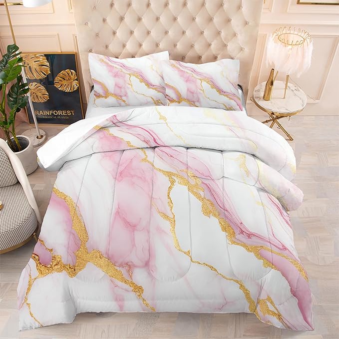 Girls Comforter Set Twin: Pink Marble Twin Bedding Sets for Teen Girls Tween Kids Pink and Gold Glitter Abstract Marbling Pastel Quilt Bed Set 1 Comforter & 1 Pillow Case