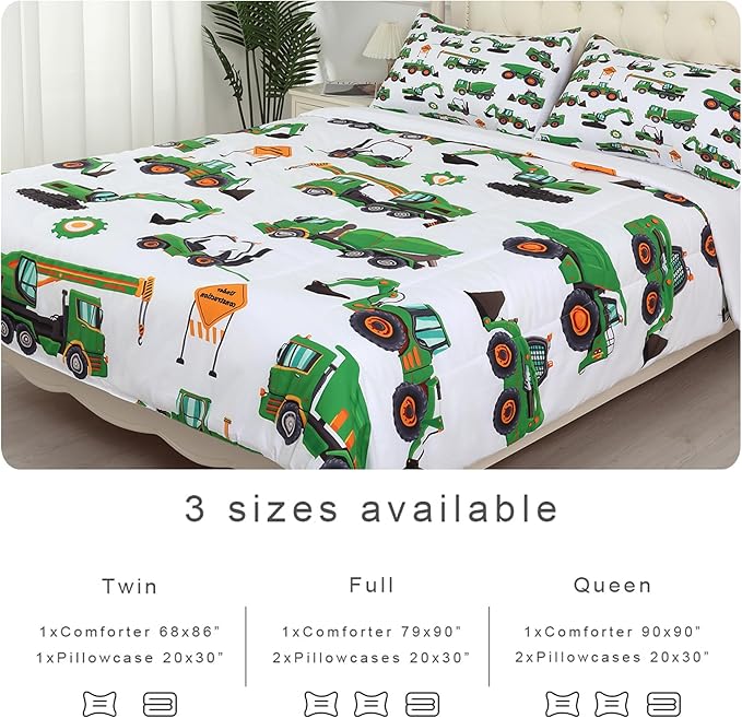 Comforter Set Green Tractor: Queen Size Cartoon Excavator Truck Car Bedding Sets for Boys Kids Teens Toddler Construction Vehicles Quilt Bed Set with 1 Comforter & 2 Pillowcases