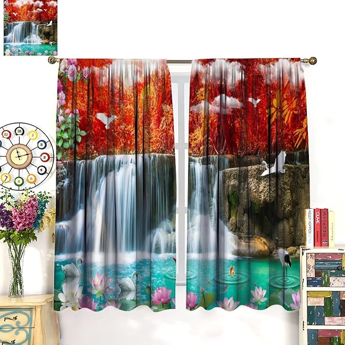 Nature Blackout Curtains, Waterfall Landscape Forest River Crane Fish Floral Pattern Rod Pocket Window Drapes, for Bedroom Living Room 63" W X 72" L