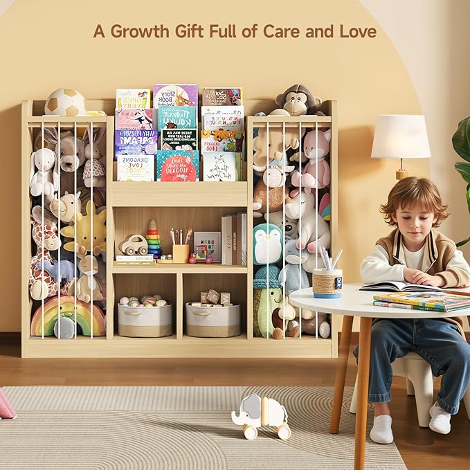ONBRILL Two Wooden Stuffed Animal Storage, Toddler Toy Storage Organizer with 4-Tier Kids Bookshelf and 3 Open Cube Shlef, Multifunctional Bookcase for Kids Rooms Playroom Nursery