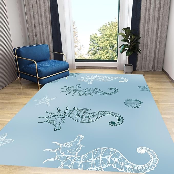 Seahorse Starfish Area Rugs, 3x5ft, Coastal Marine Animal Shell Nautical Rug for Bedroom, Pet Friendly Absorbent Carpet, Floor Decor Dirty Resistant Durable Mat for Bath Room Girls Boys