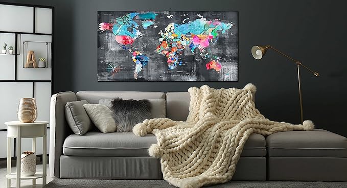 ZHAOSHOP Teal Wall-Art for Living Room - World Map Wall Decor - Large World Map for Wall Ready to Hang Size 59" x 29"…