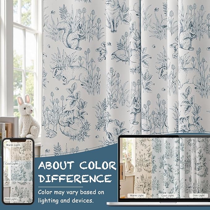 jinchan Blackout Nursery Curtains 63 Inches Long, Bunny Woodland Toile Curtains Blue on Beige Animal Printed Drapes for Bedroom Thermal Insulated Farmhouse Rod Pocket Window Treatment 2 Panels