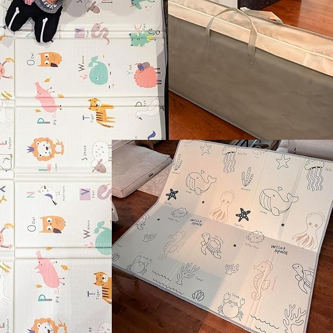 79x71 Baby Play Mat Foldable, Thick 0.8 Inch XPE Foam Waterproof, Extra Large Crawling Mat for Floor Kids Infant Training Non-Slip Reversible