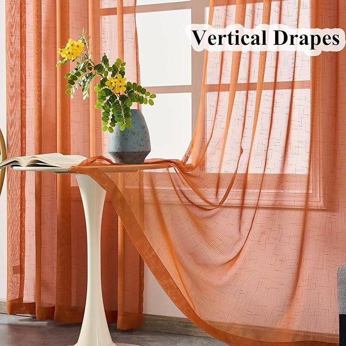 Burnt Orange Curtains Sheer 84 Inches Long, Rustic Linen Look Textured Light Filtering Drapes Decor, Western Boho Transparent Window Treatments, Pinch Pleat Curtain with Hooks