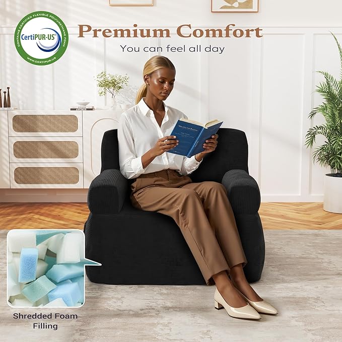 Giant Bean Bag Chair for Adults, Plush Big Bean Bag Lounger Chair with Shredded Foam Filling, Oversized Comfy Floor Sofa Couch with Side Pocket for Bedroom Living Room, Black