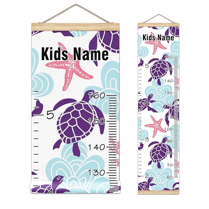Personalized Kids Name Growth Chart Ruler for Wall Wood Frame Height Measure Chart 13.4x56 in Linen Hanging Height Growth Chart Sea Turtle Starfish Coral Kids Room Decor