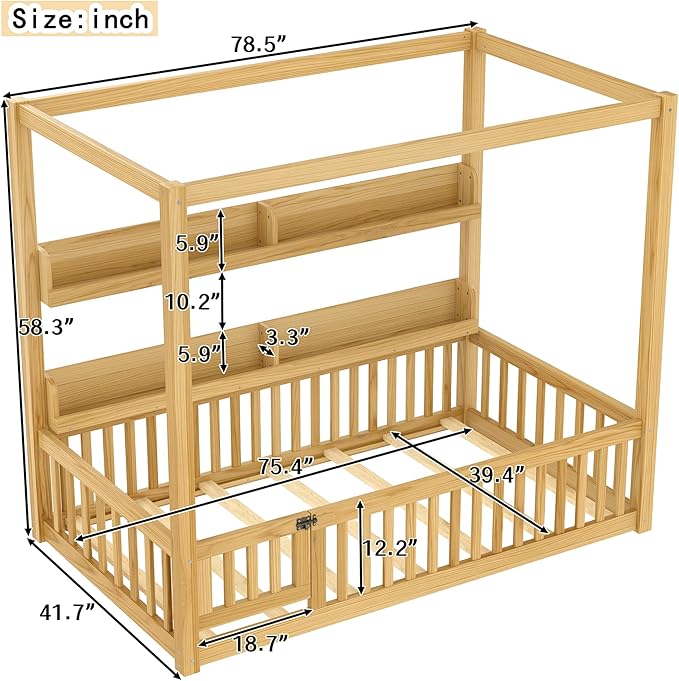 Polibi Twin Size Montessori Floor Bed with Guardrails, Low Profile Solid Wood Canopy Frame with Built-in Shelves, No Box Spring Needed, for Kids, Natural