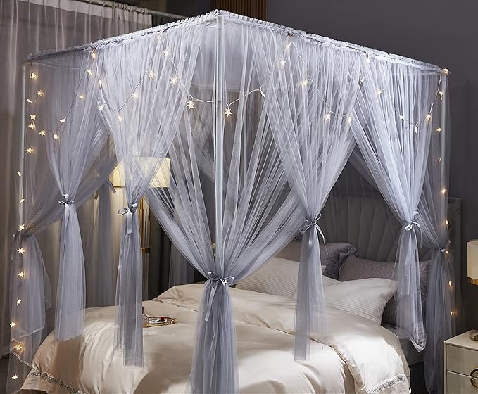 VETHIN 4 Corners Post Princess Bed Canopy Curtain Double Layer Cozy Drape Netting 4 Opening Mosquito Net for Girls & Adults Bedroom Decoration Accessories (Double Gray, 59" W*82" L*82"*H/(Queen))