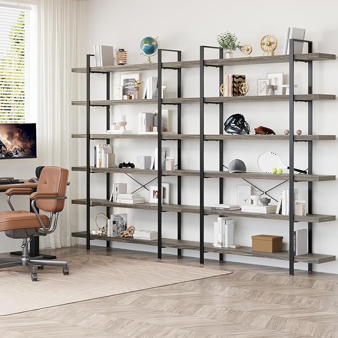 Bookcase, 47 Inch Wide Wood Bookshelf, 120lbs Shelf Capacity, Rustic Open Shelving Industrial Display with Reinforced Horizontal Shelves for Living Room Bedroom Office (6 Tier - Grey) 2 Set