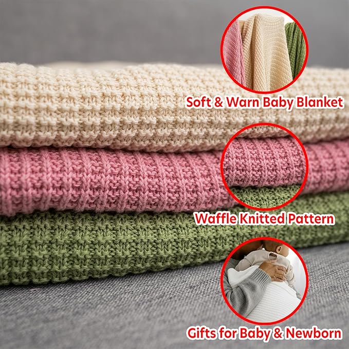 Baby Knit Blanket, 100% Cotton Waffle Patterns, Soft, Cozy, Lightweight Swaddle for Newborn & Infant Swaddling Beige Neutral, Perfect Baby Shower Ideas White 28x36