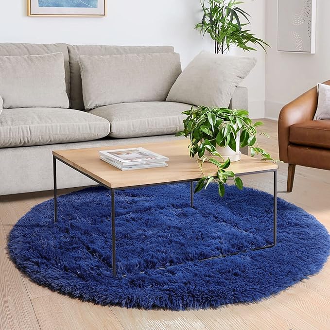 Navy Blue Round Rugs 5Ft for Boys Bedroom, Fluffy Circle Area Rug for Kids, Living Room Decor Aesthetic, Shag Fur Throw Royal Dark Blue Carpet for Baby Nursery, Shaggy Thick Fuzzy Floor Carpets