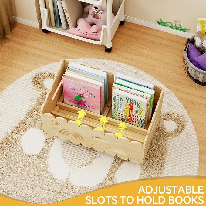 Wood Kids Bookshelf, Montessori Bookshelf, With 2 Adjustable Dividers, Suitable Kids Rooms, Nursery & Classroom, Kids Bookshelf And Toy Storage, Toddler Book Rack, Nursery Book Shelves, Wood color big