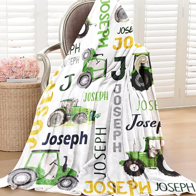 Personalized Tractor Truck Blanket for Boys Girls with Name, Custom Name Blanket Construction Trucks Car, Soft Flannel Teen Blankets Customized Gift for Birthday Christmas-50x60in
