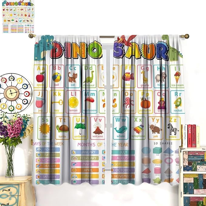 Funny Kids Alphabet Curtain, Cartoon Animal Alphabet Learning Dinosaur Boys Kids Students Baby Educational Colorful Blackout Window Treatments for Bedroom Living Room School 42" W X 54" L