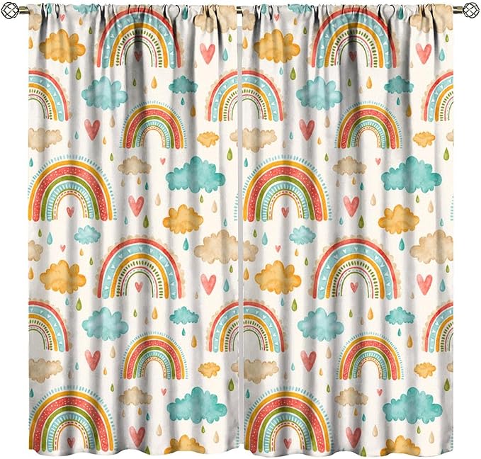 Boho Rainbow Curtains for Kids Nursery Colorful Floral Sun Star Clouds Pastel Bohemian Pattern Print Window Drapes for Girl Bedroom Living Room Kitchen Decor,2 Panel Set,63Wx72H Inch Blackout
