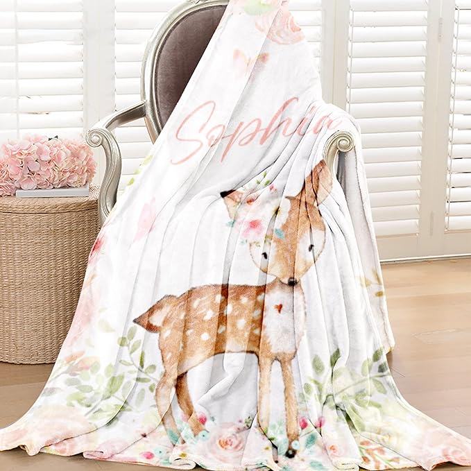 Custom Deer Blanket with Name for Girl, Personalized Name Blanket for Kids, Soft Flannel Deer Toddler Blanket Customized Gift for Birthday Christmas Children Day 40x50inch