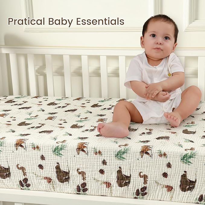 david's kids Muslin Crib Sheets for Boys, 2 Pack 100% Cotton Soft Breathable Fitted Baby Sheet Set, Standard 52"x28" Crib and Toddler Mattress, Woodland Animal
