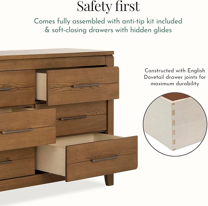 Evolur Oakley Double Dresser – 6 Drawer Nursery & Bedroom Dresser, Solid Poplar Wood Storage Organizer, Hickory Finish, Durable Modern Design