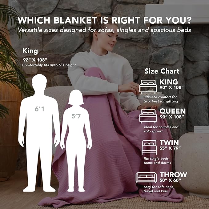 Goqan Throw Blanket 55x60 – 100% Cotton 4 Layer Boho Muslin Blanket for Adults, Lightweight, Soft, Breathable for Bed, Couch, Picnic - Pink