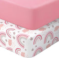 Pack N Play Sheets Fitted, 2-Pack Fit for Standard Pack N Play Mattress, Mini Crib Sheets,Breathable Soft Unisex Playard Sheets (Pink Rainbow & Pink)