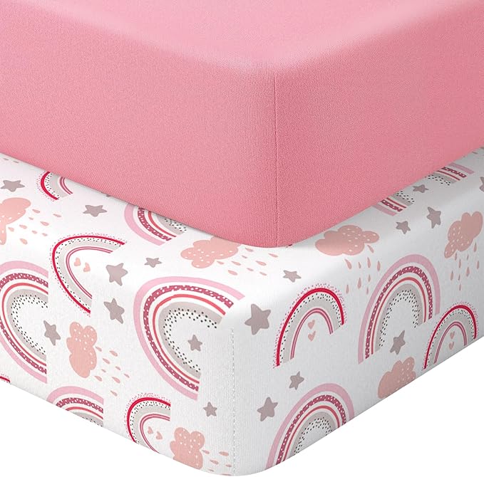 Pack N Play Sheets Fitted, 2-Pack Fit for Standard Pack N Play Mattress, Mini Crib Sheets,Breathable Soft Unisex Playard Sheets (Pink Rainbow & Pink)