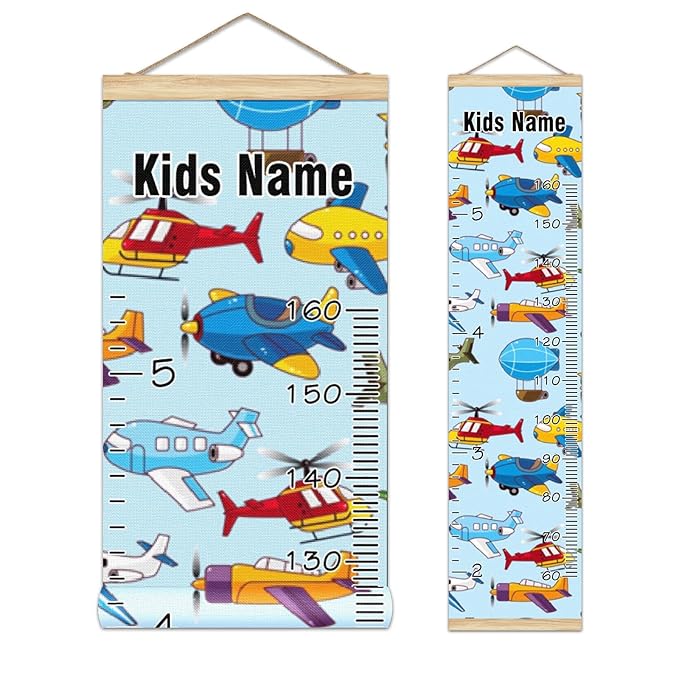 Personalized Kids Name Growth Chart Ruler for Wall Wood Frame Height Measure Chart 13.4x56 in Linen Hanging Height Growth Chart Cartoon Airplane Aircraft Kids Room Decor