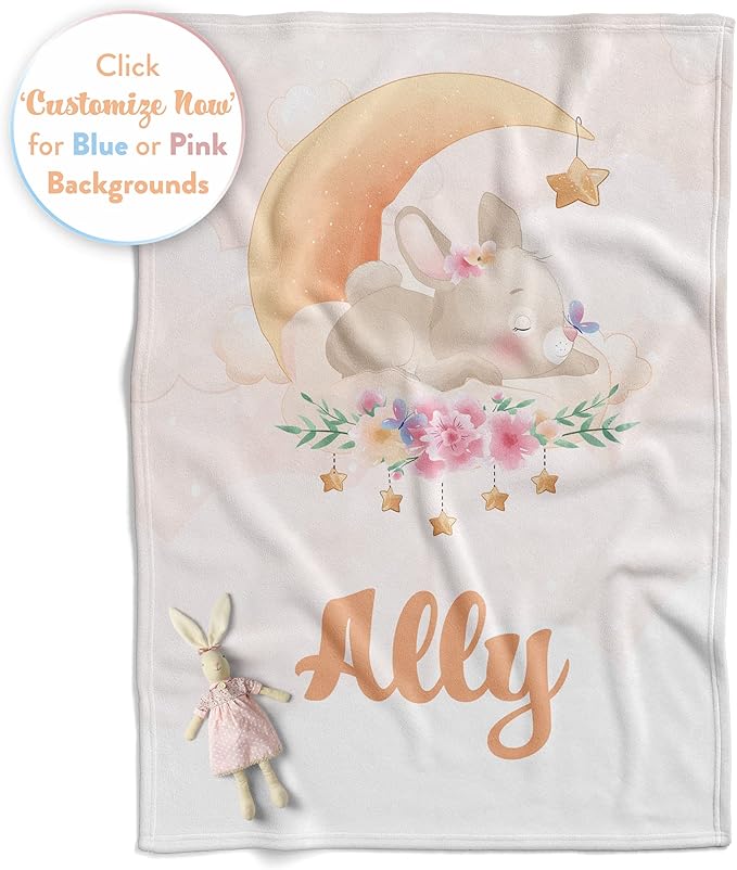 Personalized Baby Blankets with Name | Bunny Custom Baby Girl and Baby Boy Newborn Blanket | Unisex Warm Soft Sherpa Swaddle Blanket Minky | (Bunny, Sherpa 60"x80")