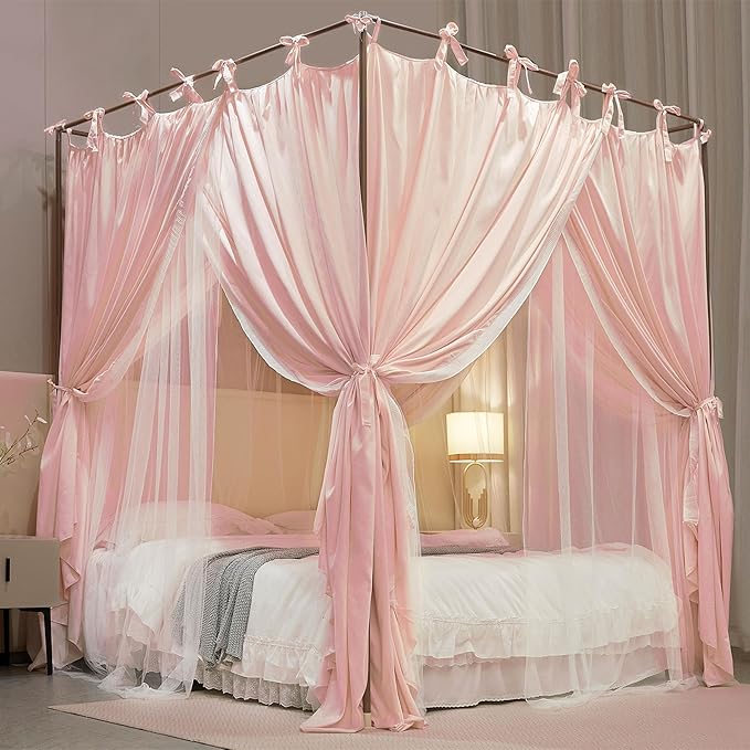 4 Corners Post Princess Curtain Bed Canopy Double Layer Cozy Mosquito Net Mesh and Cloth for Girls Adults Bedroom Decoration (Double-Beigepink/White, 59" W*82" L*82"*H/(Queen))