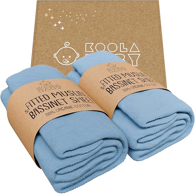 Bassinet Fitted Sheets - Compatible with Halo Bassinest Swivel Sleeper | 100% Organic Muslin Cotton - Light Blue + Dark Blue | 30x16 (2 Pack)