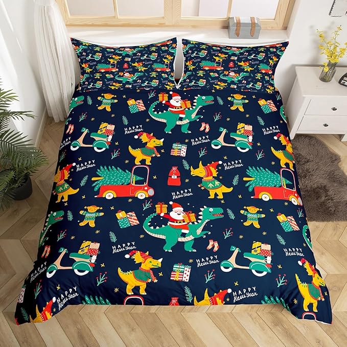 Christmas Bedding Set Cartoon Santa Claus Christmas Tree Comforter Cover for Kids Teens Cute Dino Race Cars Duvet Cover Breathable Gingerbread Man Bedspread Cover Room Decor Quilt Cover King Size