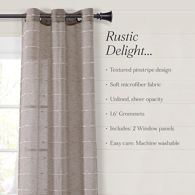 Lush Decor Farmhouse Textured Grommet Sheer Window Curtain Panel Pair, 38"W x 63"L, Brown