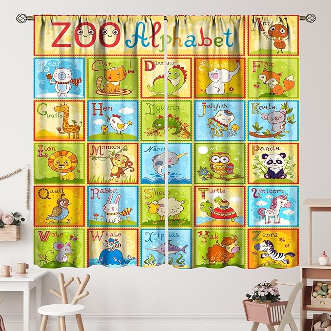 Alphabet Curtains Kids Educational Learning Tool Baby Cartoon Animals Colorful Curtain with Rod Pocket for Bedroom Living Room Decor Drapes Window Treatments 2 Panels Set 52" W X 84" L