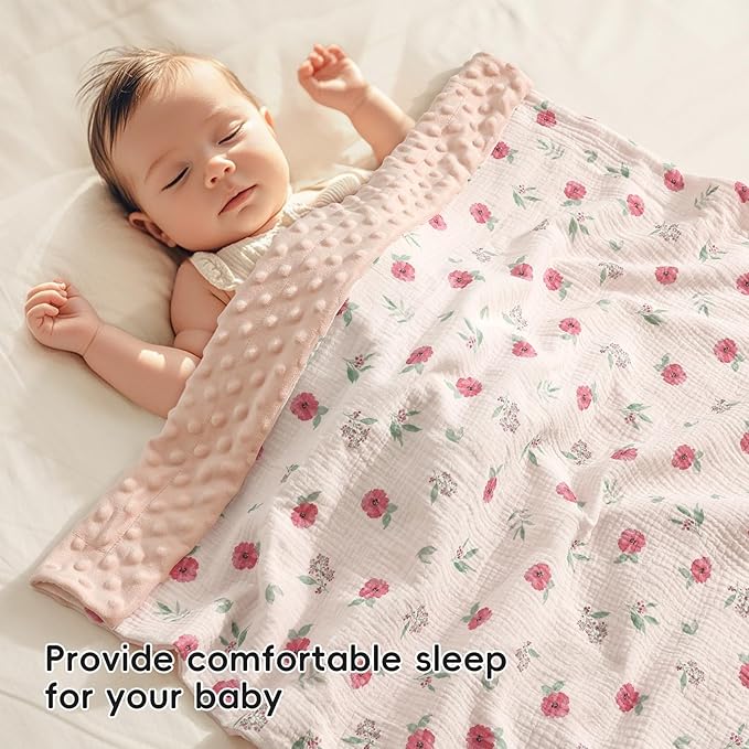 david's kids Muslin Minky Baby Blanket for Girls with Muslin Cotton Front and Dotted Fleece Backing, Breathable and Soft Lightweight Receiving Blanket for Newborns, 30x40 Inches, Pink Floral