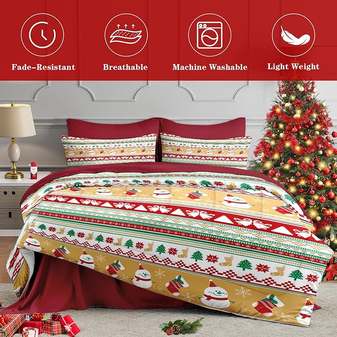 7 Pcs King Size Christmas Comforter Set with 2 Pillowcases & 2 Shams, Cute Snowman Bedding for Kids and Adults, Snowflake Xmas Socks Bed in a Bag with Flat Fitted Sheet