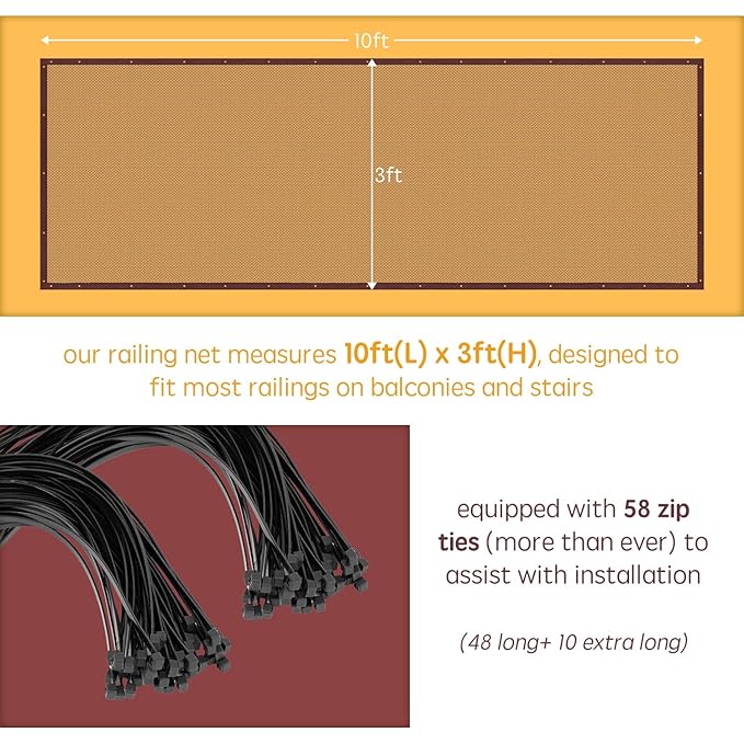 Banister Guard for Baby - 10ft x 3ft, Child Safety Net, Stair Railing Proof Mesh for Kids, Toys, Pets - Dark Brown