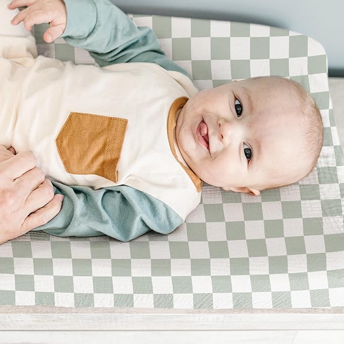 Konssy 2 Pack Muslin Changing Pad Covers for Boys, Ultra Soft & Breathable Cotton Baby Diaper Changing Table Covers, Neutral Nursery Diaper Changing Pad Sheets (Green Dino,Baby Green Plaid)