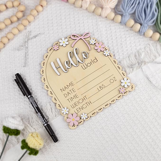 Baby Announcement Sign with Stand & Marker – Hello World Wooden Name Plaque for Newborn Photoshoot, Baby Shower, Rustic Keepsake Birth Stat Sign for Hospital Birth Announcement (Daisy)