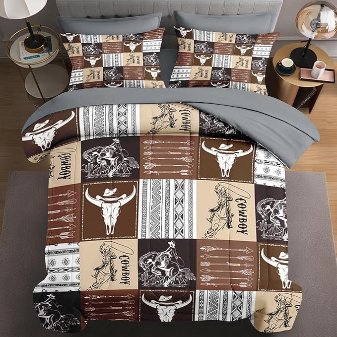 7 Pcs King Size Comforter Set with 2 Pillowcases & 2 Shams, Cowboy Vintage Brown Bedding for Kids and Adults, Western Bed in a Bag with Flat Fitted Sheet