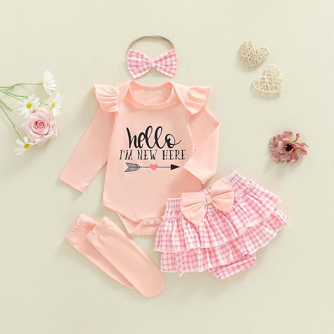 Newborn Baby Girl Clothes Hello I'm New Here Romper Ruffle Shorts Tutu Skirt Set Cute Infant Coming Home Outfits