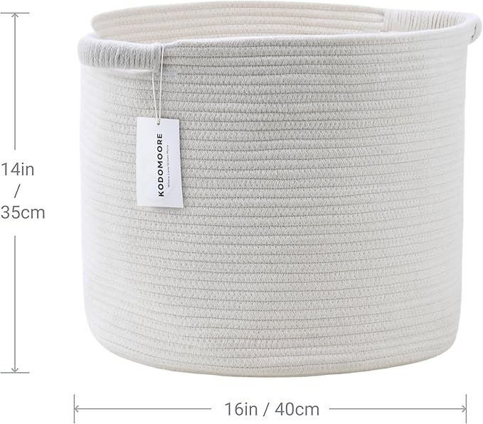 Blanket Basket - Woven Round Rope Storage Basket (16"Wx14"H) for Blankets & Throws, Small Laundry & Toy Organizer, Decorative Living Room & Bedroom Cotton Basket - White
