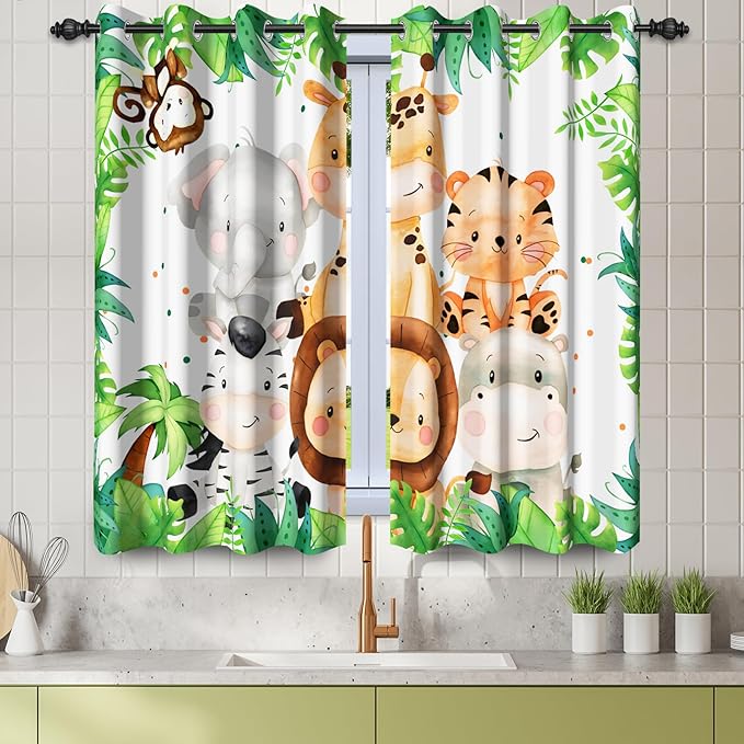 Renaiss 26 x 36 Inch Safari Animal Curtains for Kids Tropical Rainforest Lions Tigers Elephants Giraffes African Jungle Tree Green Leaf Print Window Drapes for Nursery Baby Bedroom Playroom 2 Panels