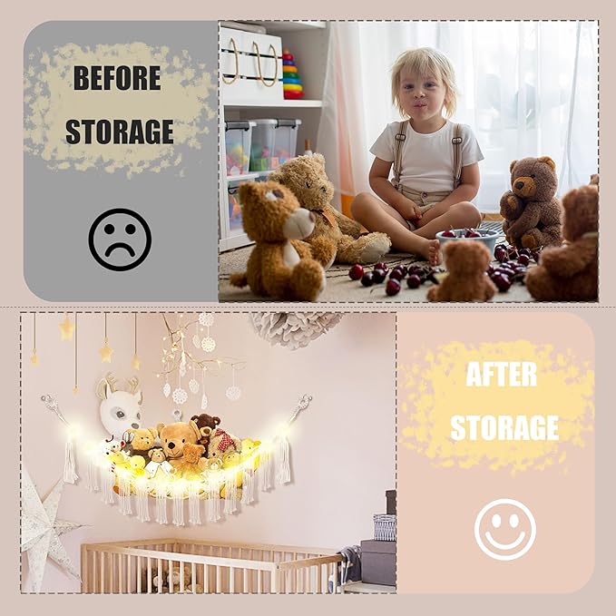 Stuffed Animal Hammock with LED Light, Large Stuffed Animals Storage Corner Plushie Net for Kids Room Decor, 2 Packs White