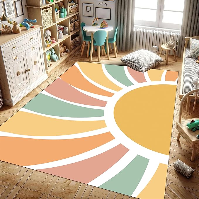 Machine Washable Rainbow Rugs Bedroom Fluffy Plush Soft Area Rugs Rainbow Sunshine Sun Print Living Room Non-Slip Indoor Flooring Kids Girls Boys Home Decor Aesthetics 4x5ft