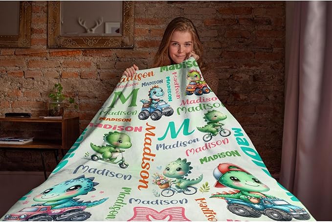 Personalized Dinosaur Truck Blanket Gifts for Girls Boys Women - Super Soft Cozy Warm Throw Sheet for Couch Bed Sofa Office Decor All Season 90"x120" for Whole Family