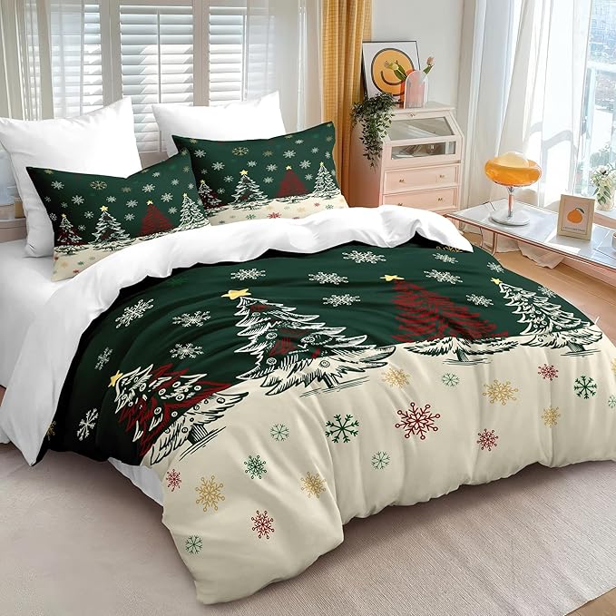 Christmas Duvet Cover Full Size Green Christmas Tree Bedding Set Kids Boys Girls Xmas Holiday Cartoon Snowflake Comforter Cover 3 Pieces with Zipper Closure (No Comforter)